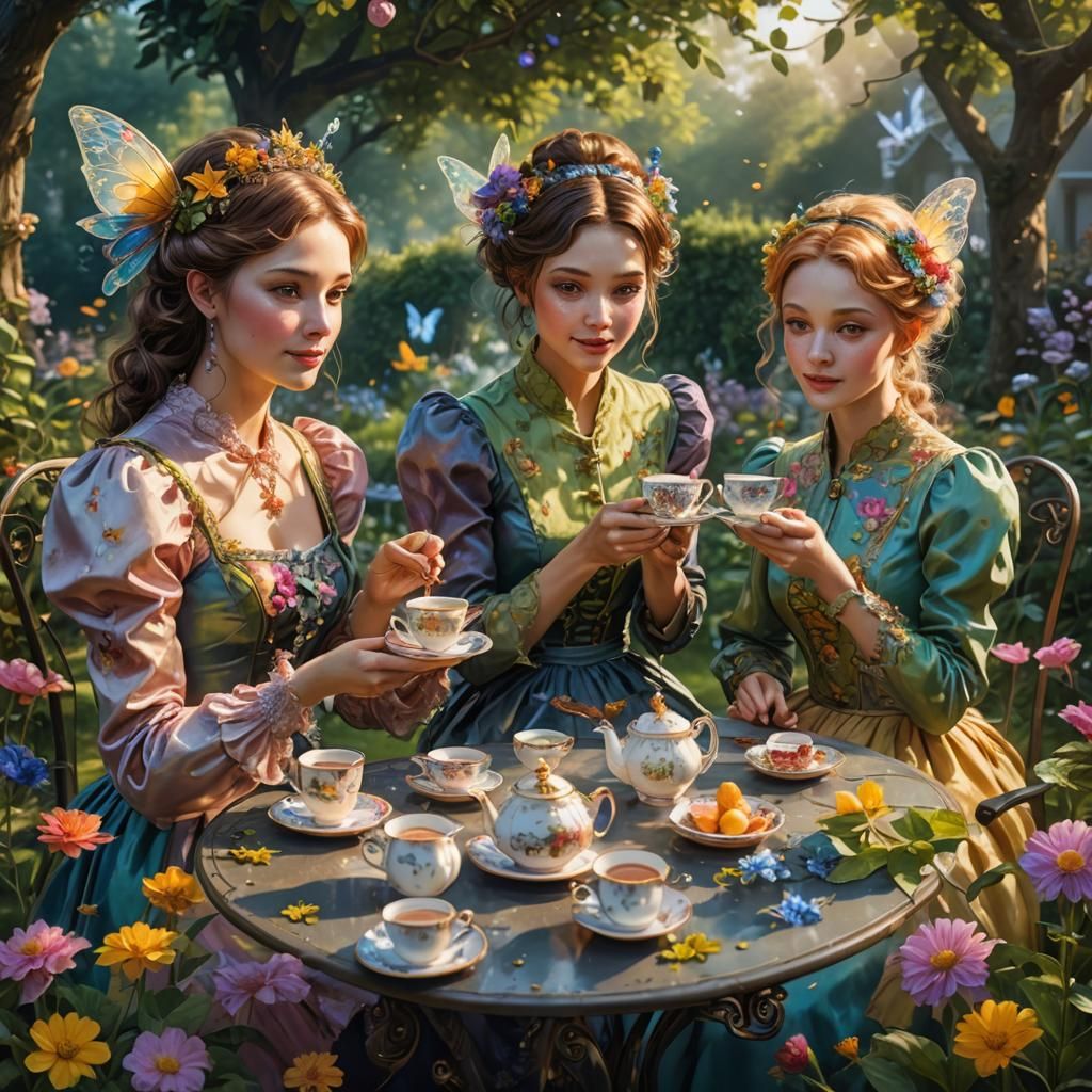 Fanciful Fairies Sipping Tea in Enchanted Garden