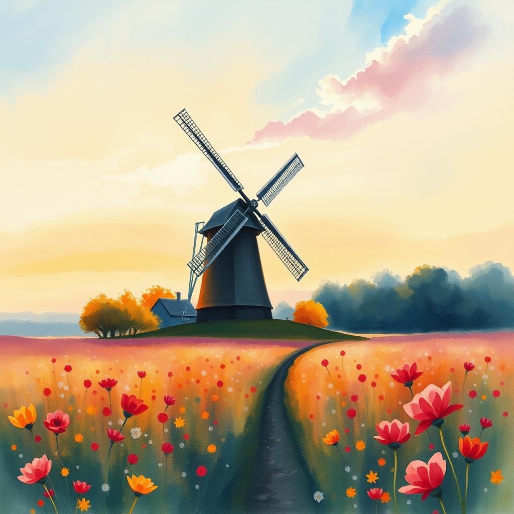 Dreamy Windmill Scene in Watercolor Style
