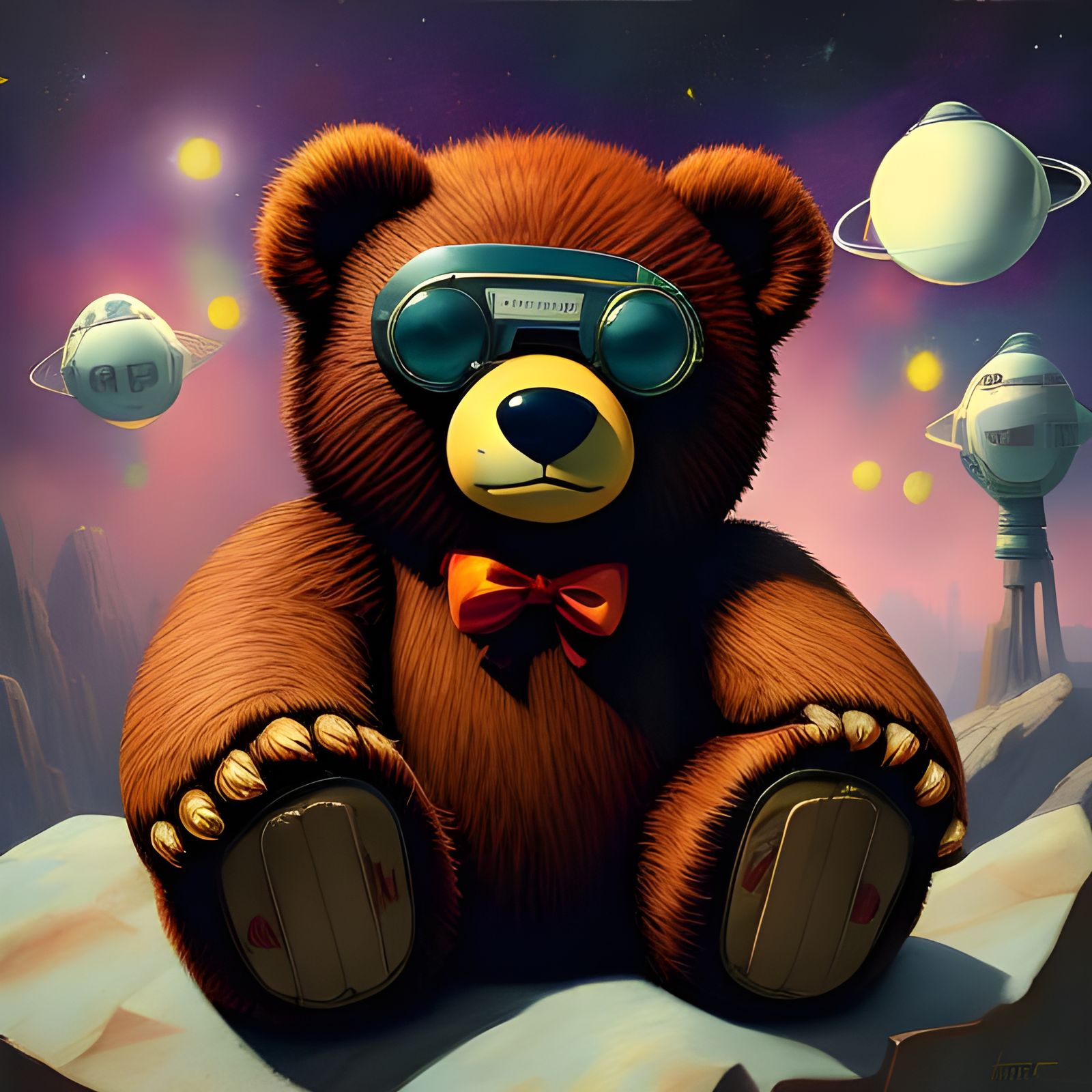 Glowing Retro Sci-Fi Teddy Bear in a Neon Cyberpunk Hues