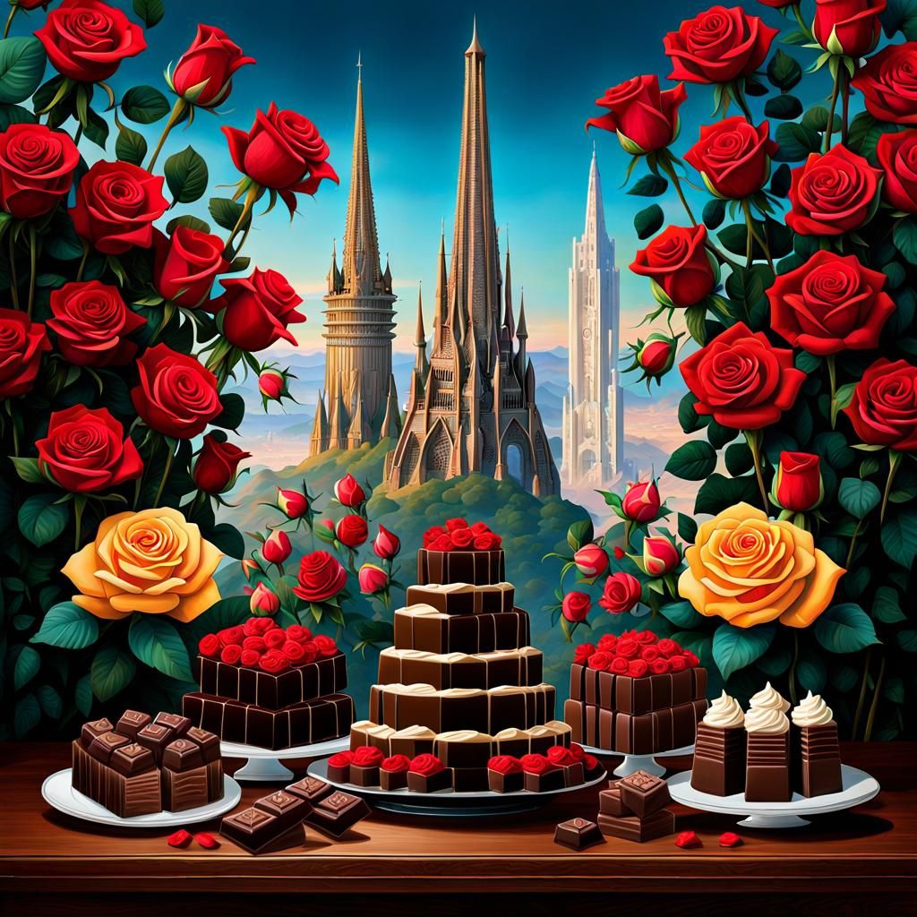 Vibrant Chocolates Amidst Towering Roses in Chibi Style