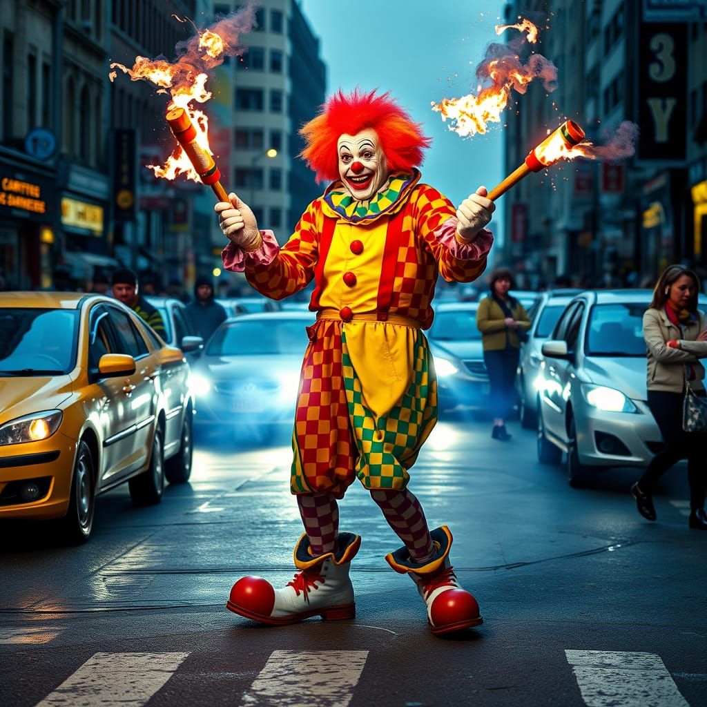 Chaotic Clown Juggling Dynamite in Street Scene