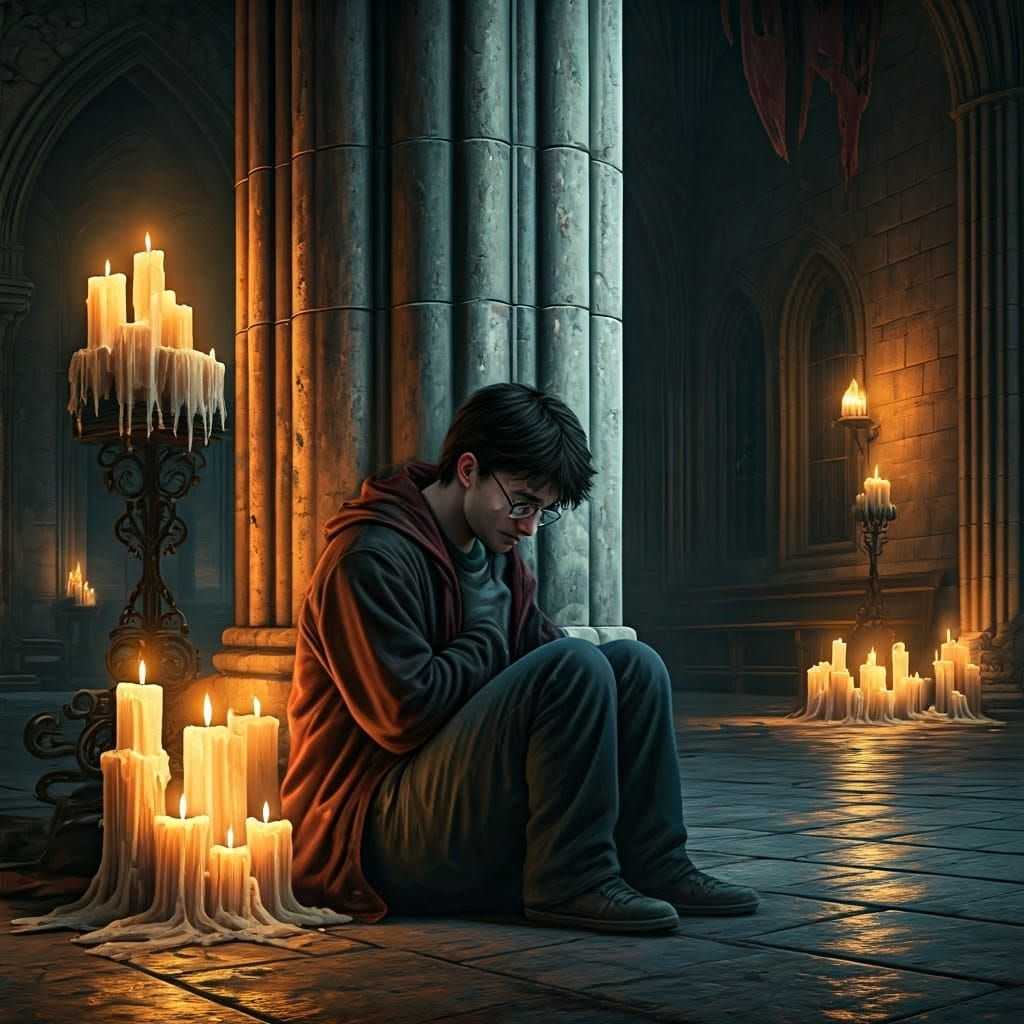 A Sorrowful Harry Potter in Muted Hogwarts Atmosphere