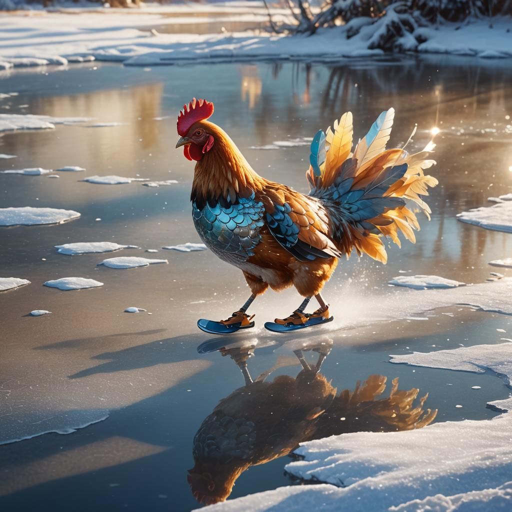 Whimsical Winter Wonderland Featuring a Chicken on Ice Skate...