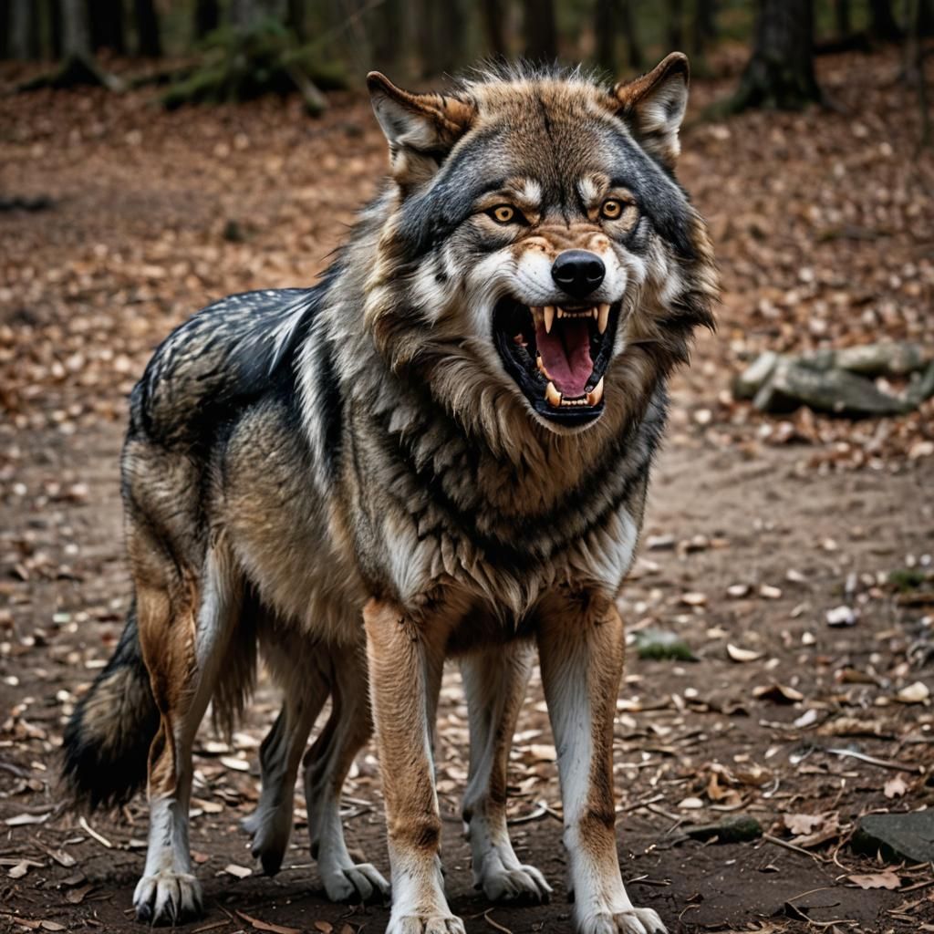 Hyperrealistic Portrait of an Angry Wolf in Dramatic Lightin...