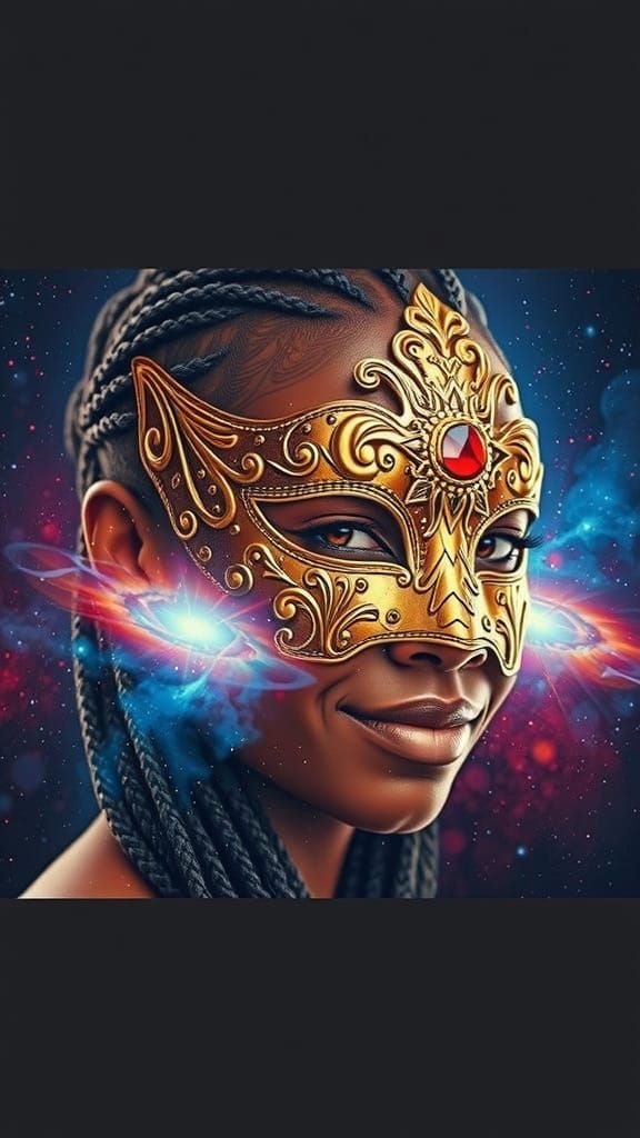 African American Woman in Ornate Golden Mask, Cosmic Backgro...