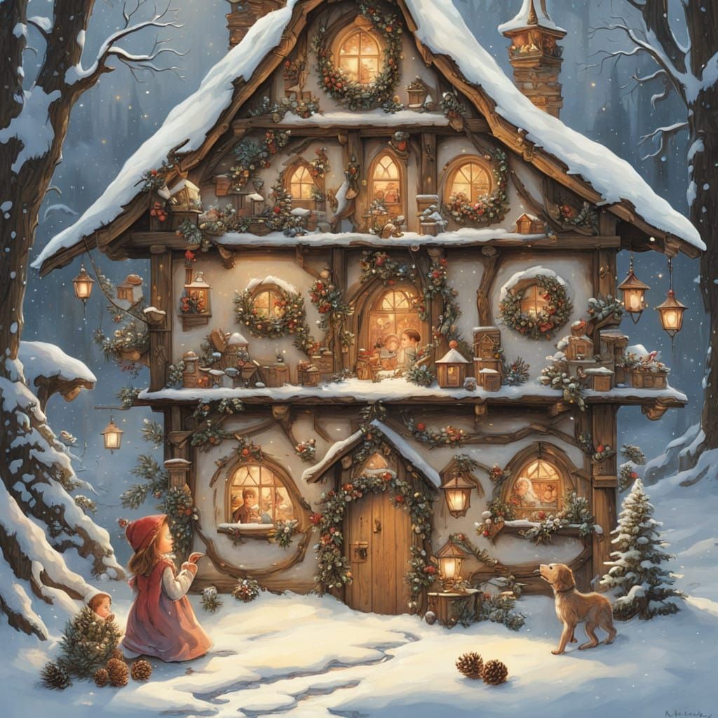Girl Opens Ornate Advent Calendar in Snowy Village