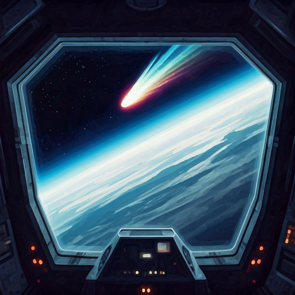 Epic Gouache Spaceship Meets Comet