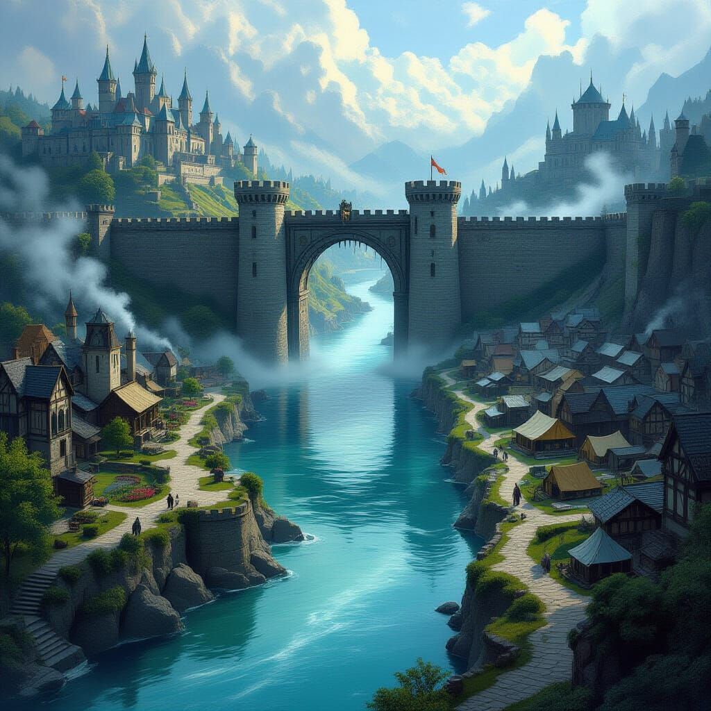 Medieval D&D City Divided by River and Wall