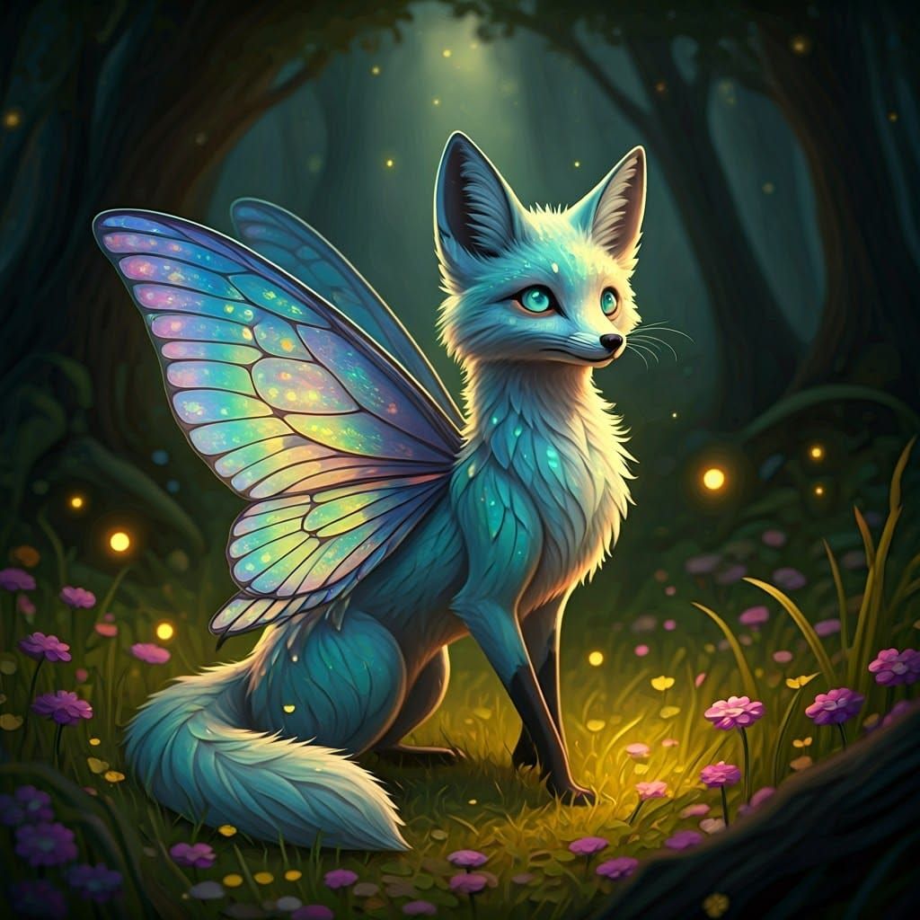 Whimsical Iridescent Fox in Lush Dreamlike Meadow