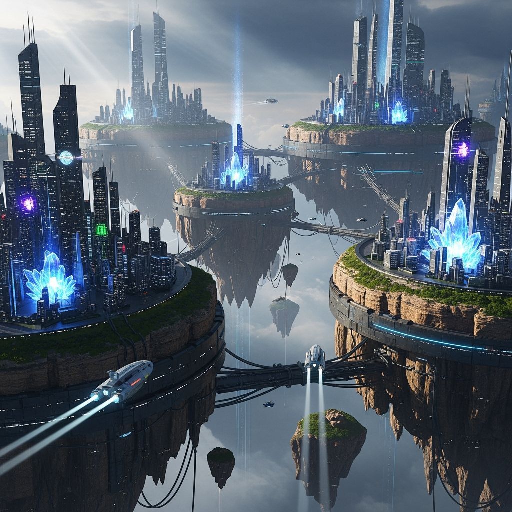 Futuristic City on Floating Islands in Cyberpunk Style