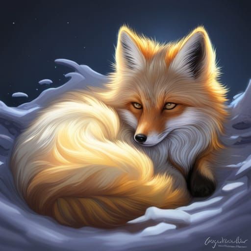 Sleeping Fox Goddess in Snowstorm: Hyperdetailed Concept Art