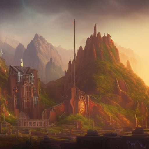 Ethereal Mountain Metropolis in Vibrant Color