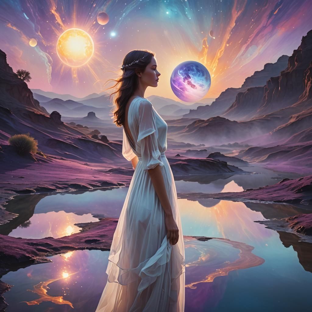 Surrealist Alien Planet Landscape with Ethereal Woman