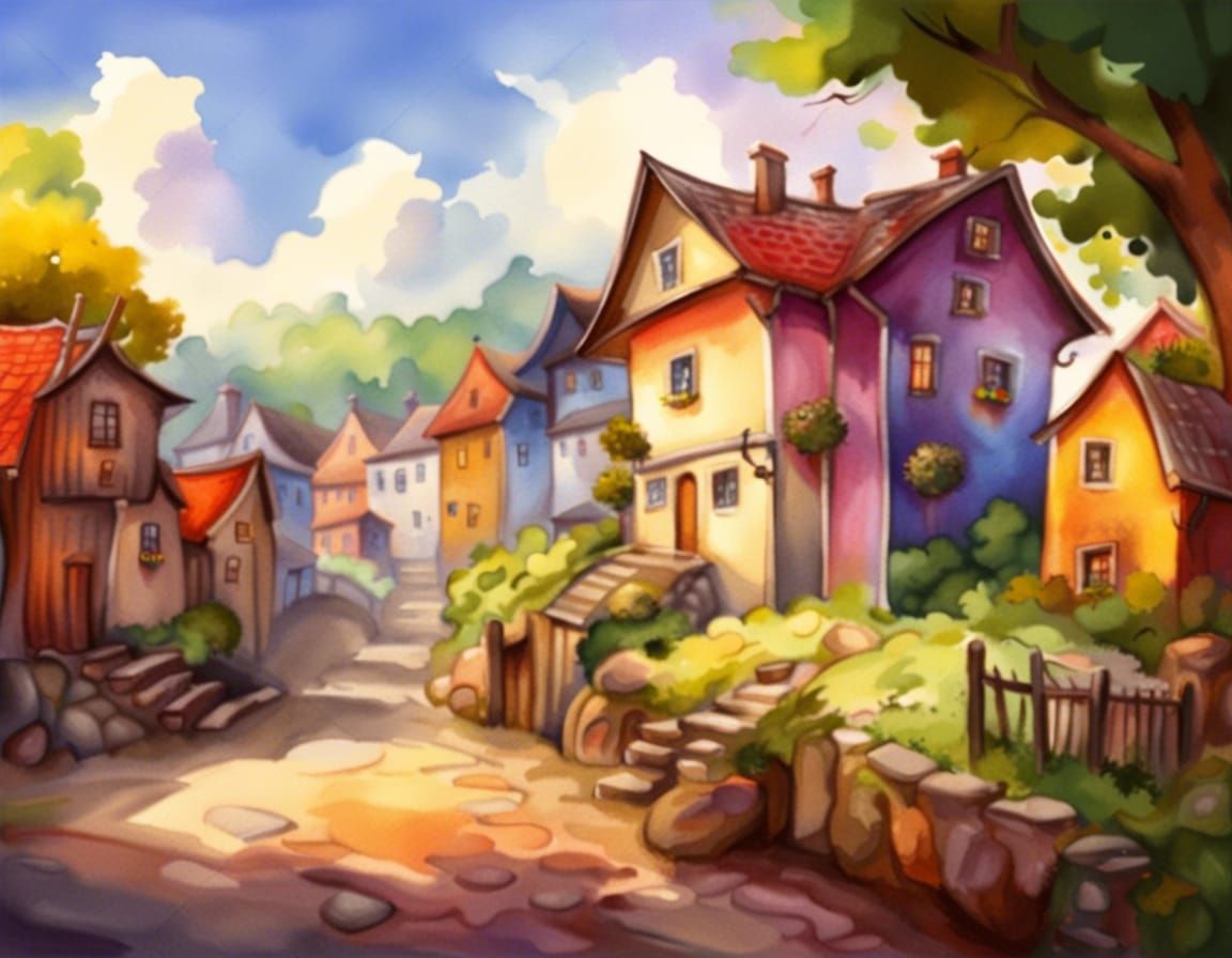Whimsical Village in Watercolor Cartoon Style