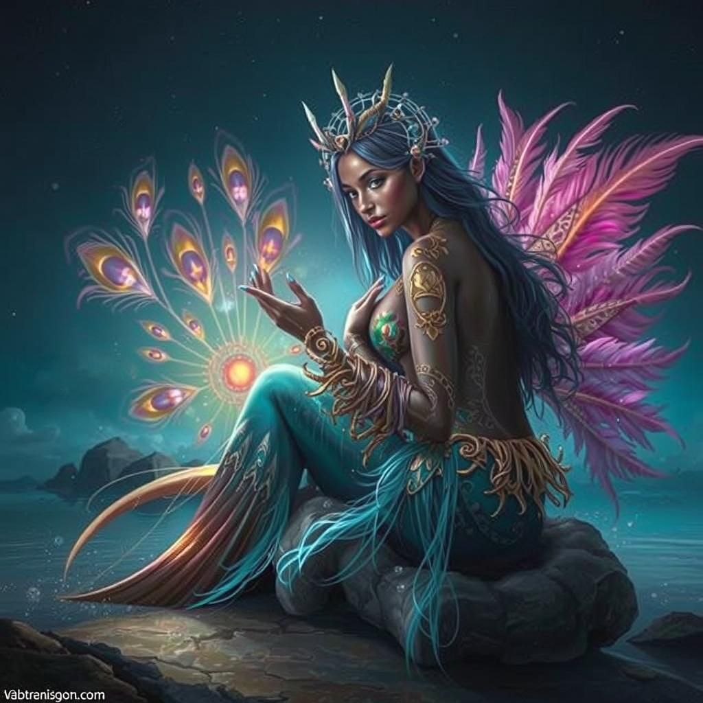 Vibrant Mermaid in Iridescent Cosmic Backdrop with Pink Peac...