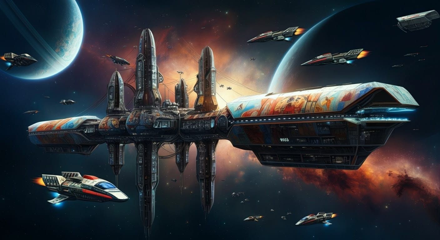 A colossal, sprawling, majestic space station spreads across...