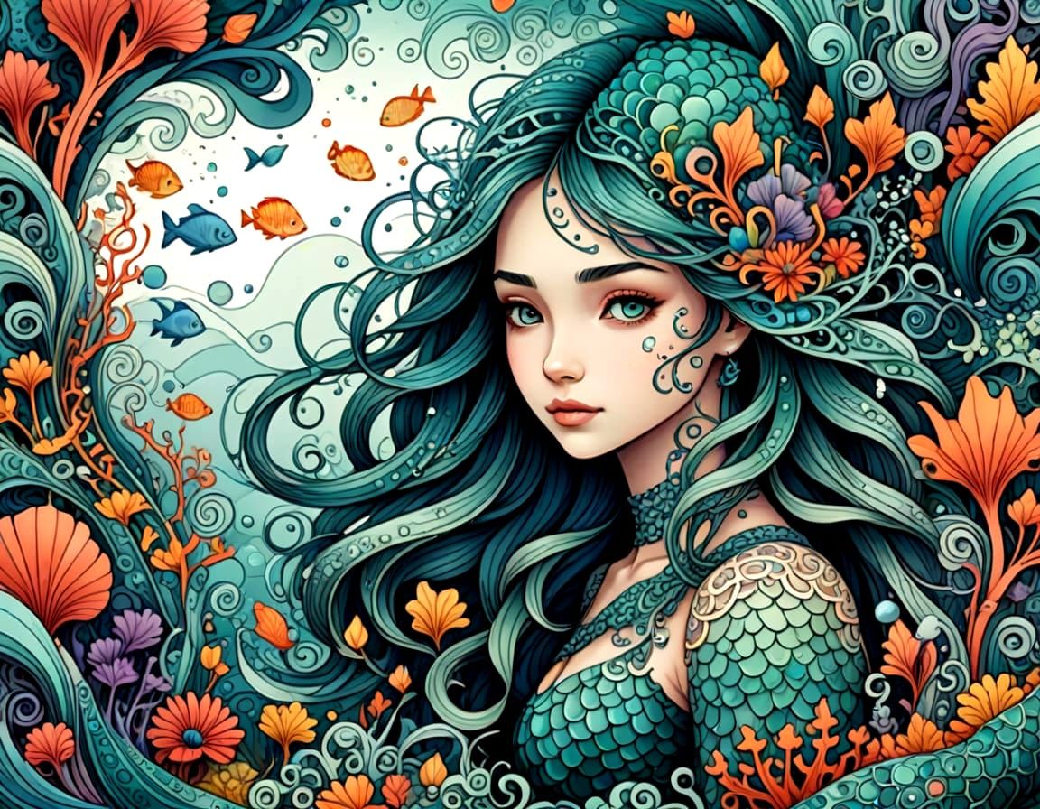 Whimsical Mermaid Portrait in Watercolor Style