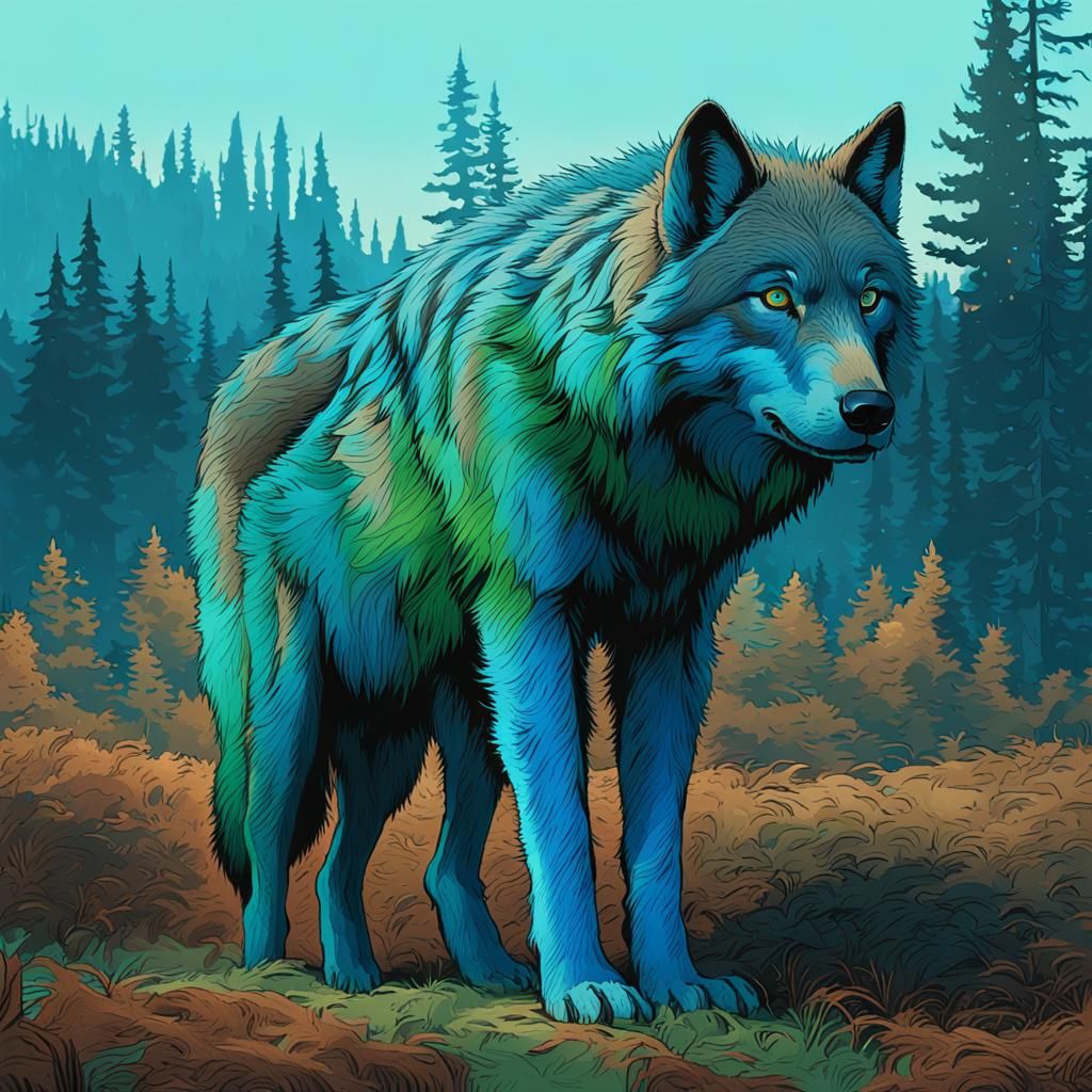 Surrealistic Realism of a Blazing-Fur Wolf Amidst Golden-Lit...