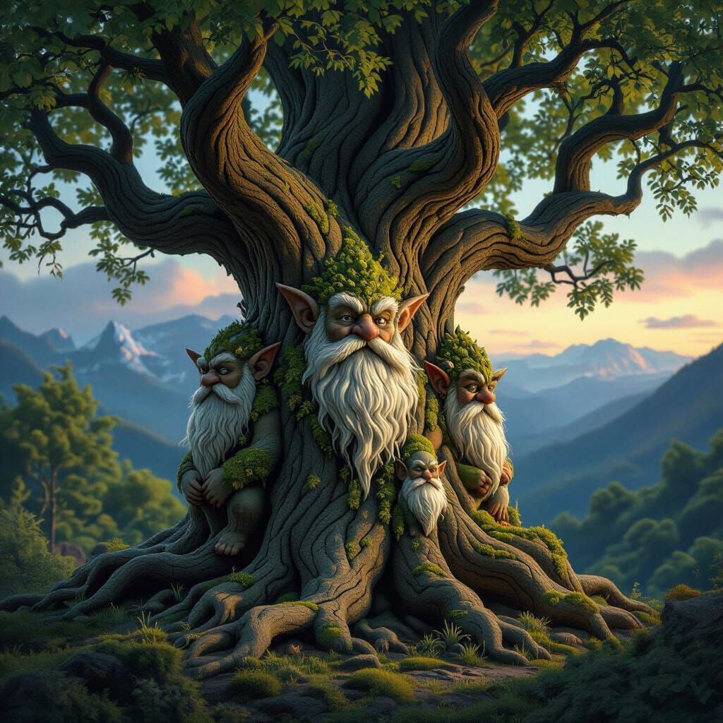 Yggdrasil World Tree with Norwegian Trolls in Nordic Twiligh...