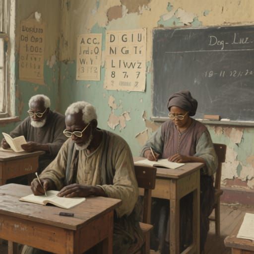 Elderly Students in Gritty Realism Style Classroom