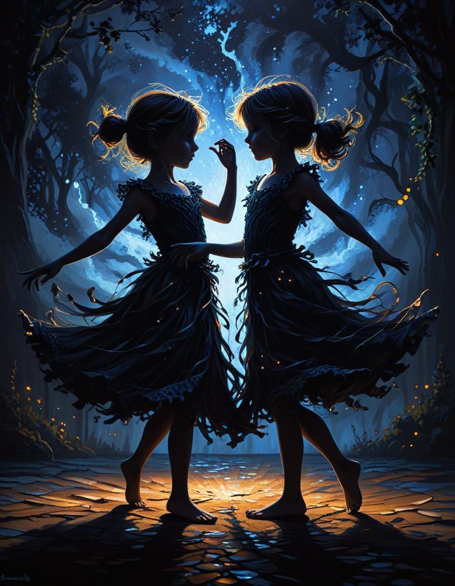 Twins in Whimsical Nighttime Dance