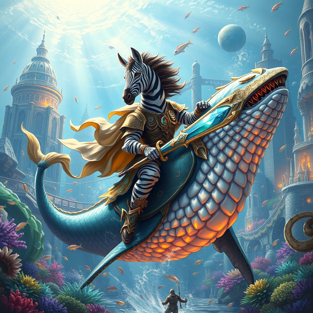 Majestic Zebra Hero Rides Golden Armor on Serpentine Whale t...
