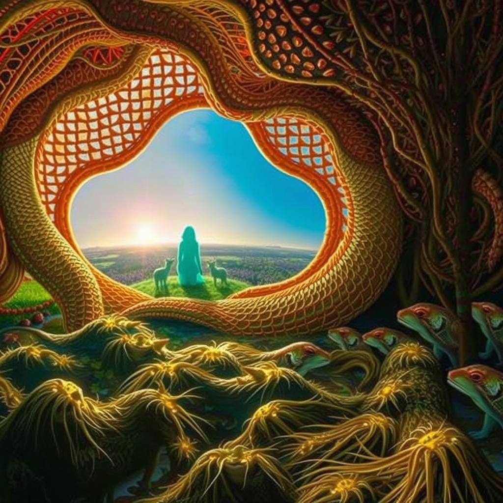 Mythical Creatures Emerge from Serene Sunset Landscape