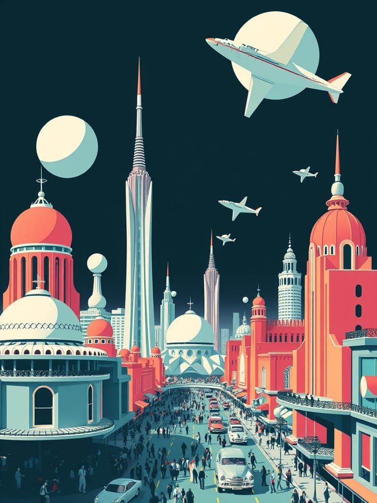 Retro-Futuristic Cityscape in 1940s Op-Art Style