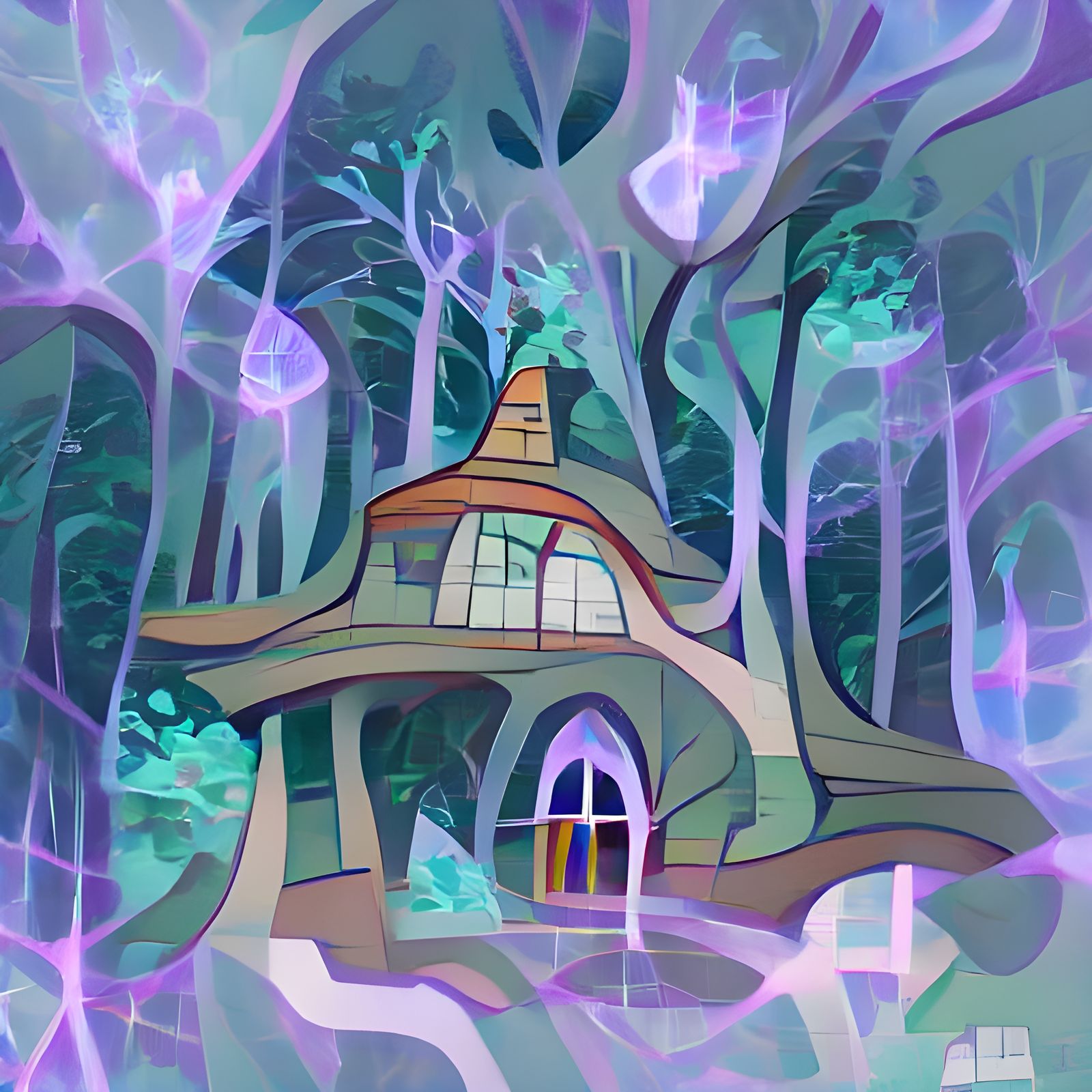 Whimsical Mansion Emerging from Enchanted Woods