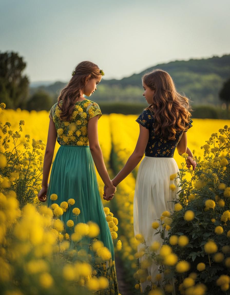 Women Dancing Amidst a Vibrant Field of Yellow Flowers in It...