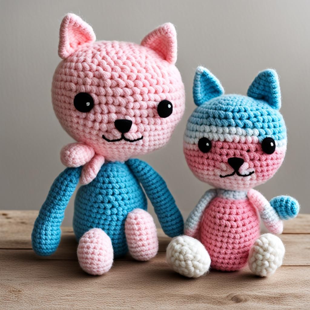 Double Whimsical Plush Toy Cats in Pastel Hues