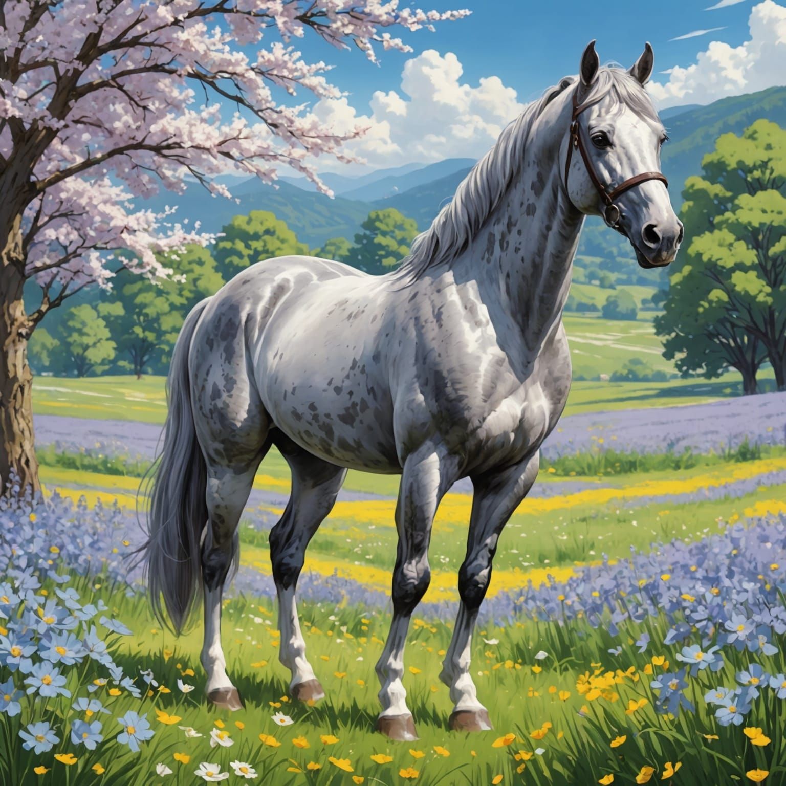 Stunning Dapple-Gray Horse Amidst Vibrant Blooms