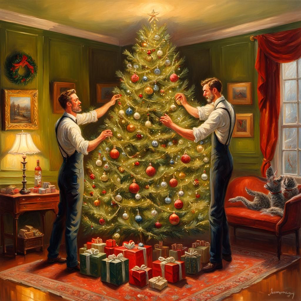 Romantic Winter Scene: Two Men Decorating a Christmas Tree i...