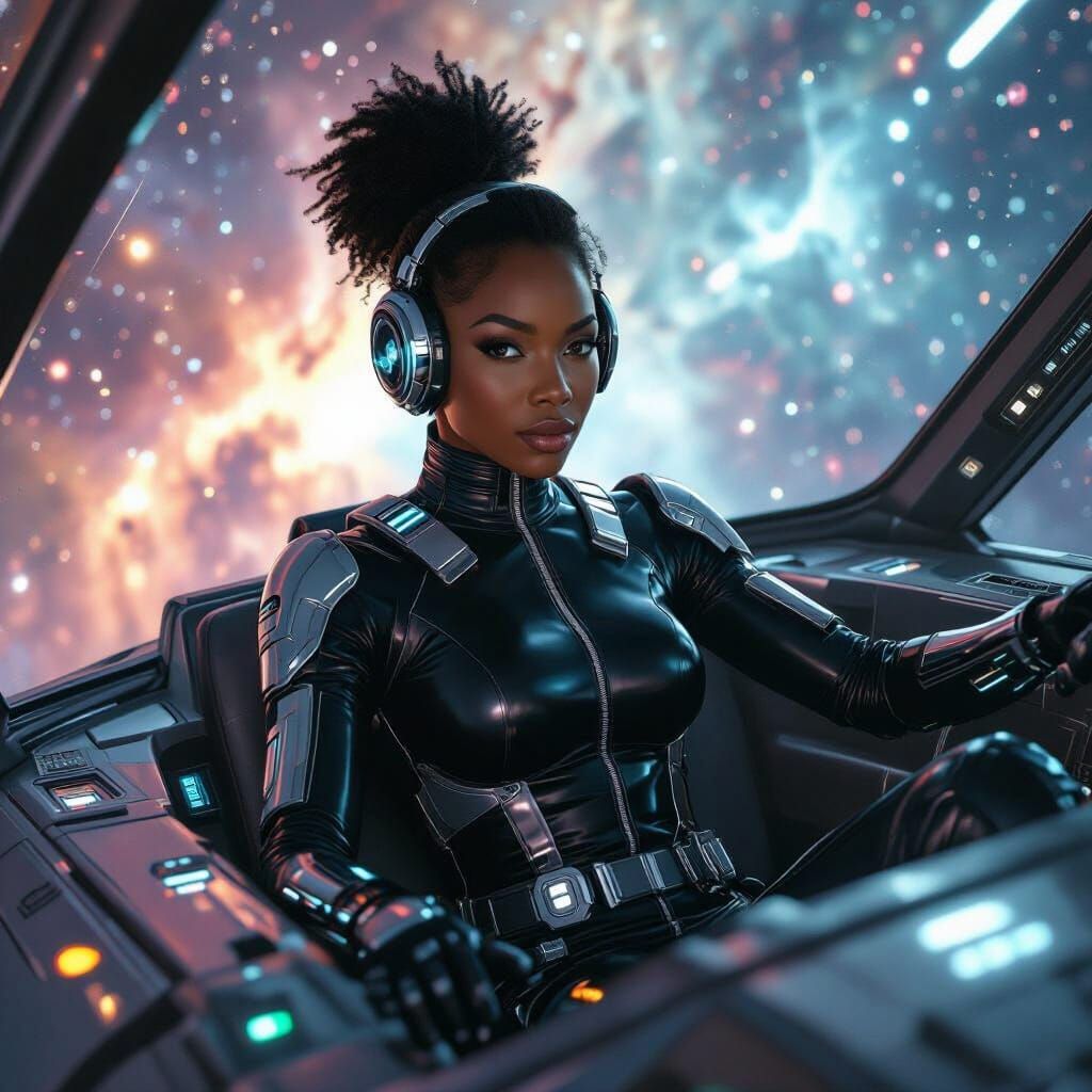 Cybernetic Pilot Soaring Through Nebula in Digital Art