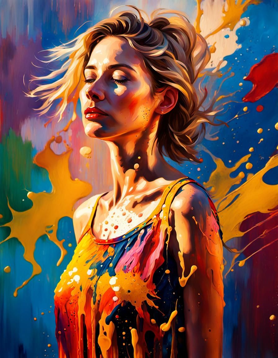 Portrait of a beautiful woman, colourful splash art