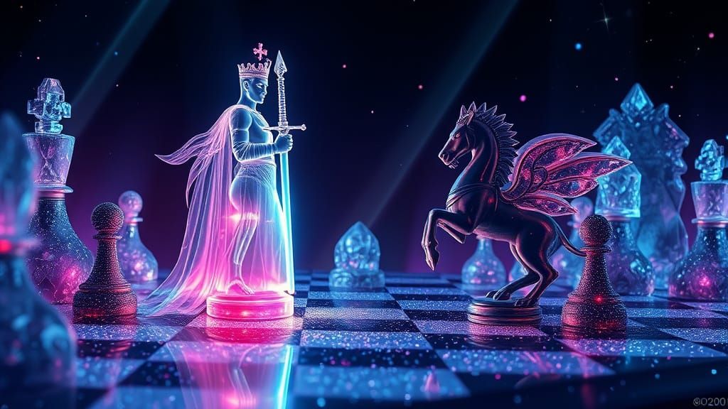 Mystical Chessboard Scene Illuminated by Ethereal Light Beam...