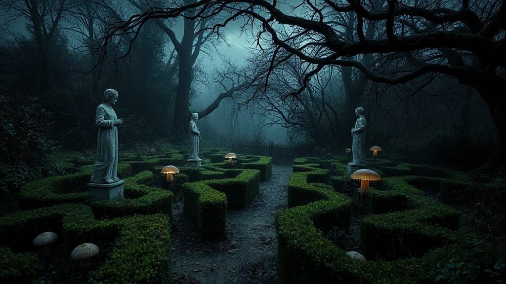 Eerie Abandoned Garden with Glowing Fungi in Photorealistic ...