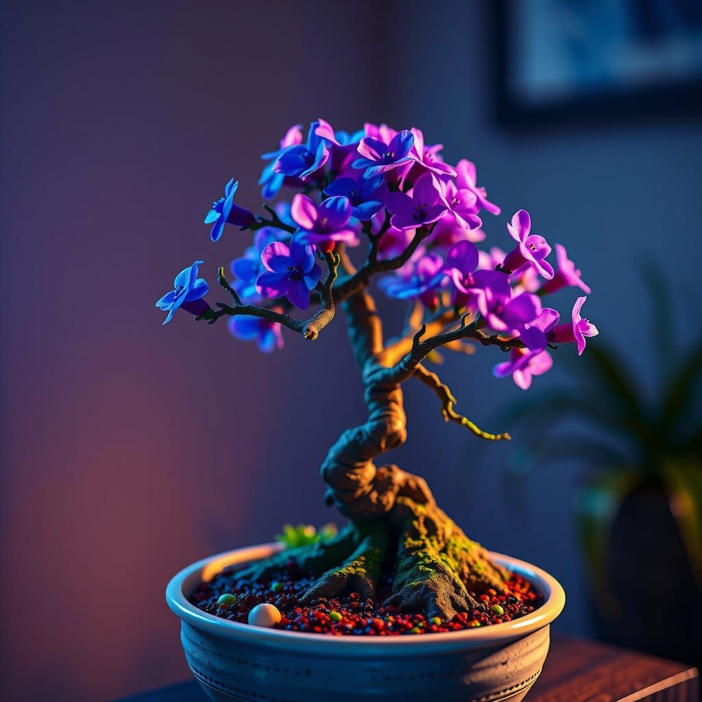 Mystical Bonsai Tree with Blue Flowers