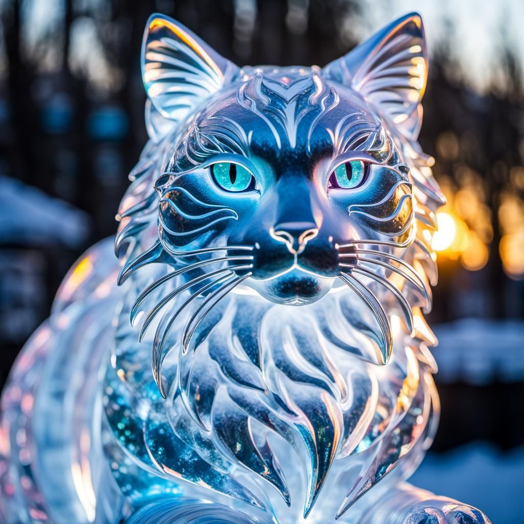 Luminous Feline Ice Sculpture