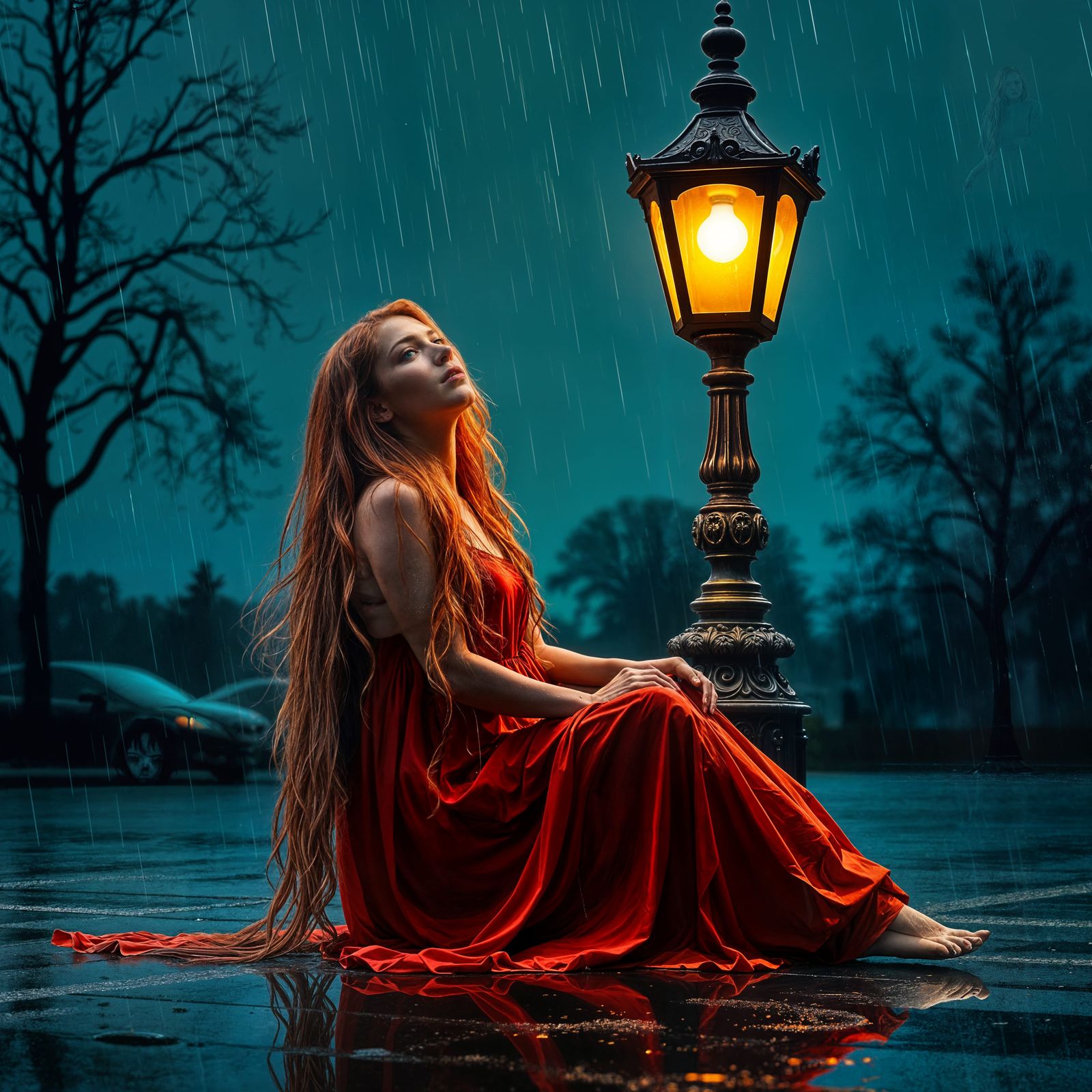 Contemplative Woman in Rain Under Street Lamp