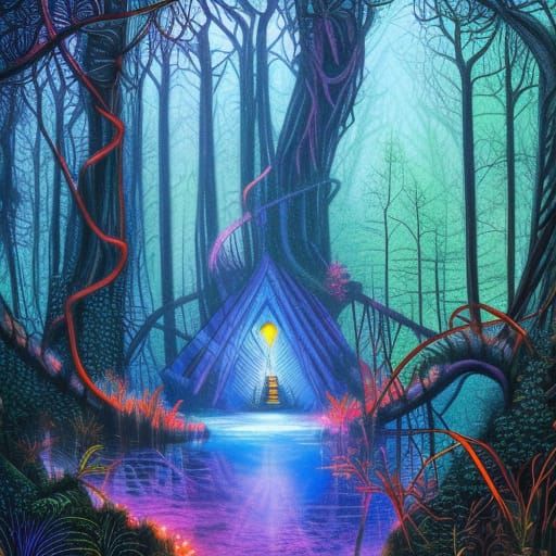 Cyberpunk Fantasy Landscape with Triadic Complementary Color...