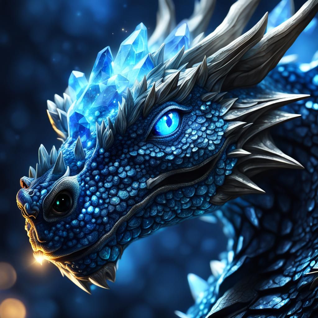 Epic Blue Crystal Dragon Portrait Illuminated with Radiant L...