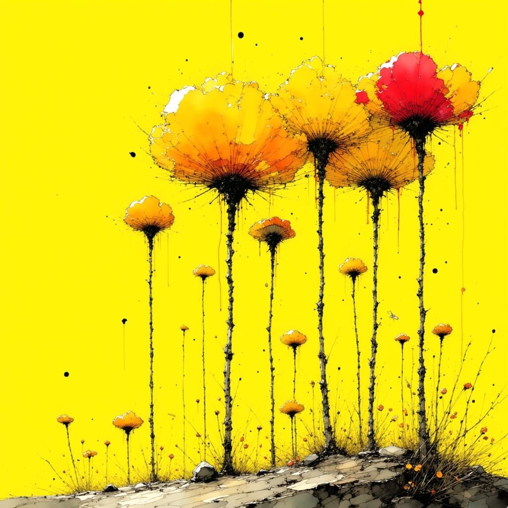 Whimsical Trees with Ink Lines and Yellow Background