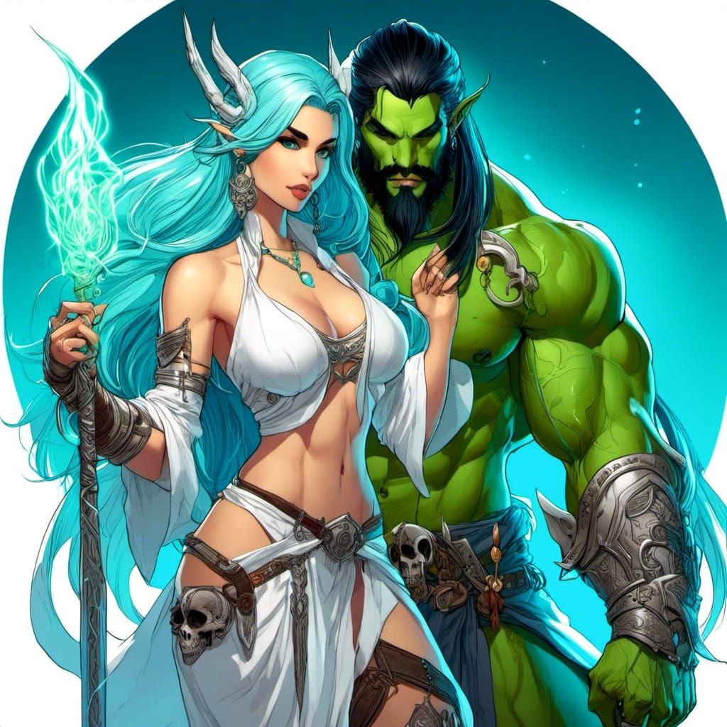 Orc Warrior and Elf Sorceress Casting Magic