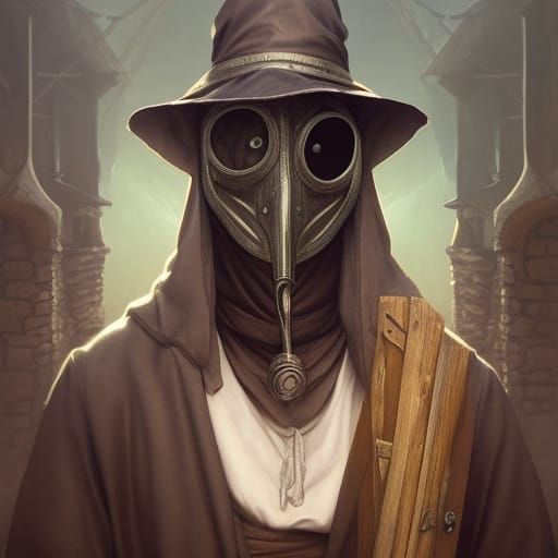 Attractive Plague Doctor in Medieval Village, Art Nouveau