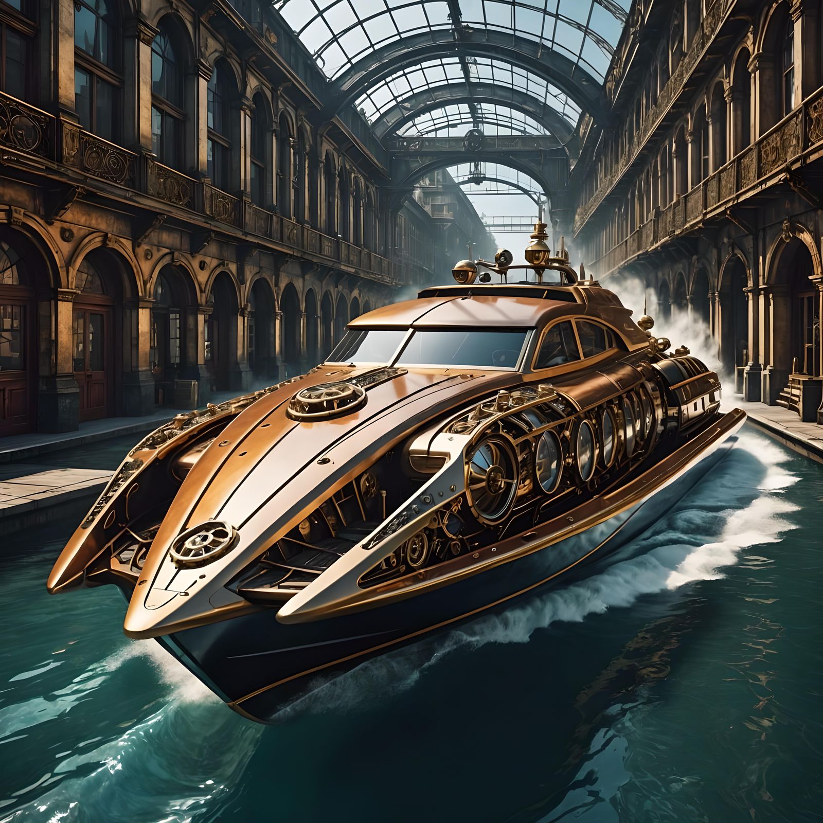 Luxury Steampunk Speedboat in Hyperrealistic Style