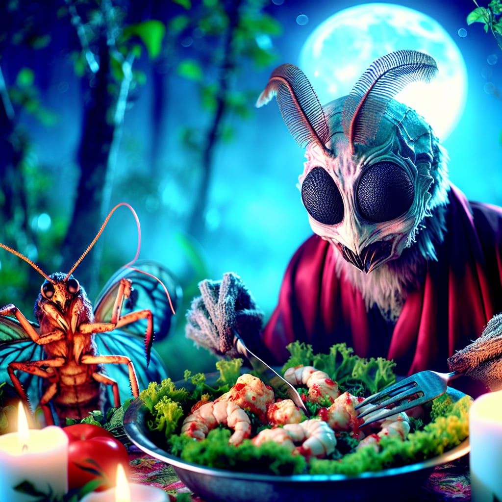 Ethereal Moth Cryptid Woman in Primal Forest Feast