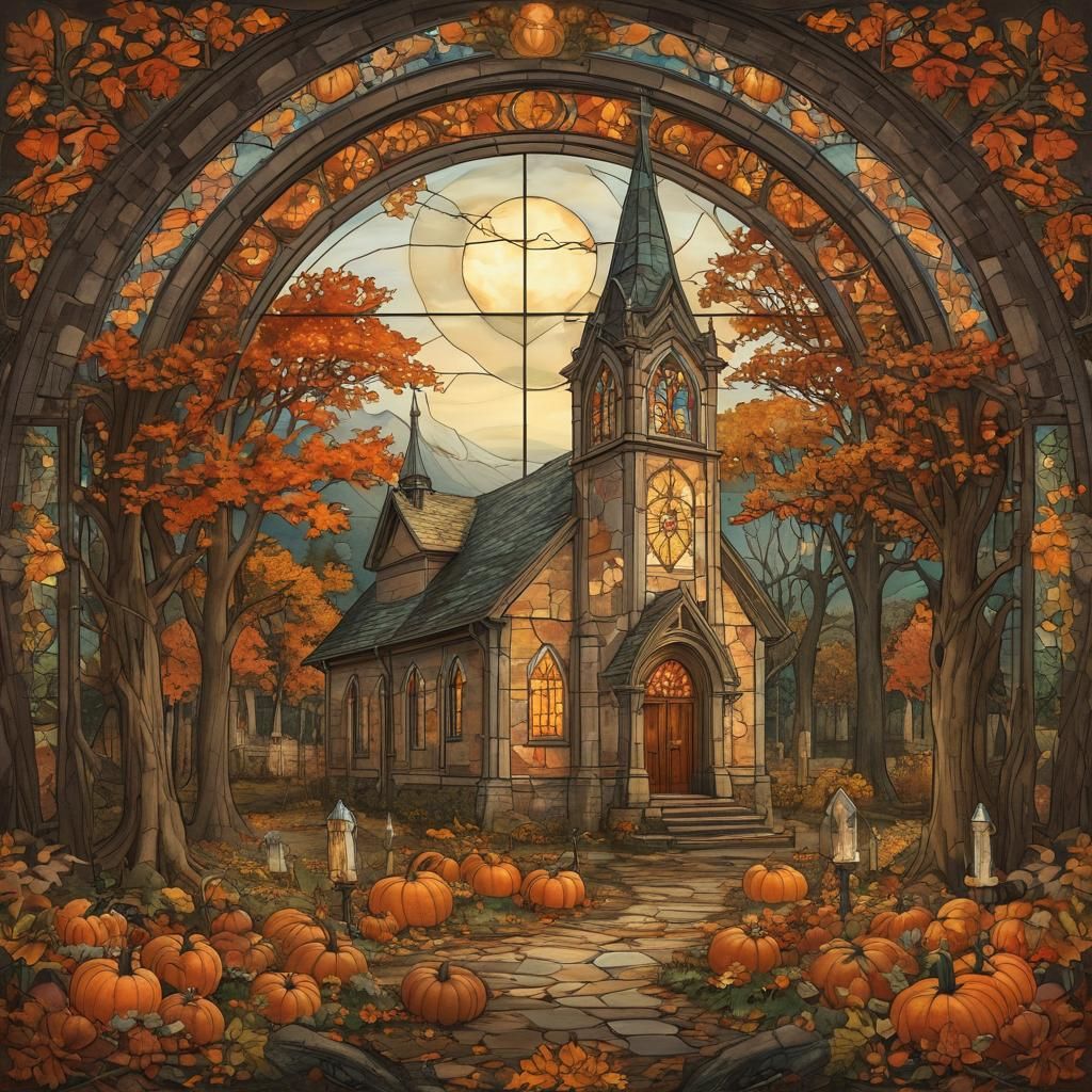 Ethereal Autumn Church in Stained Glass