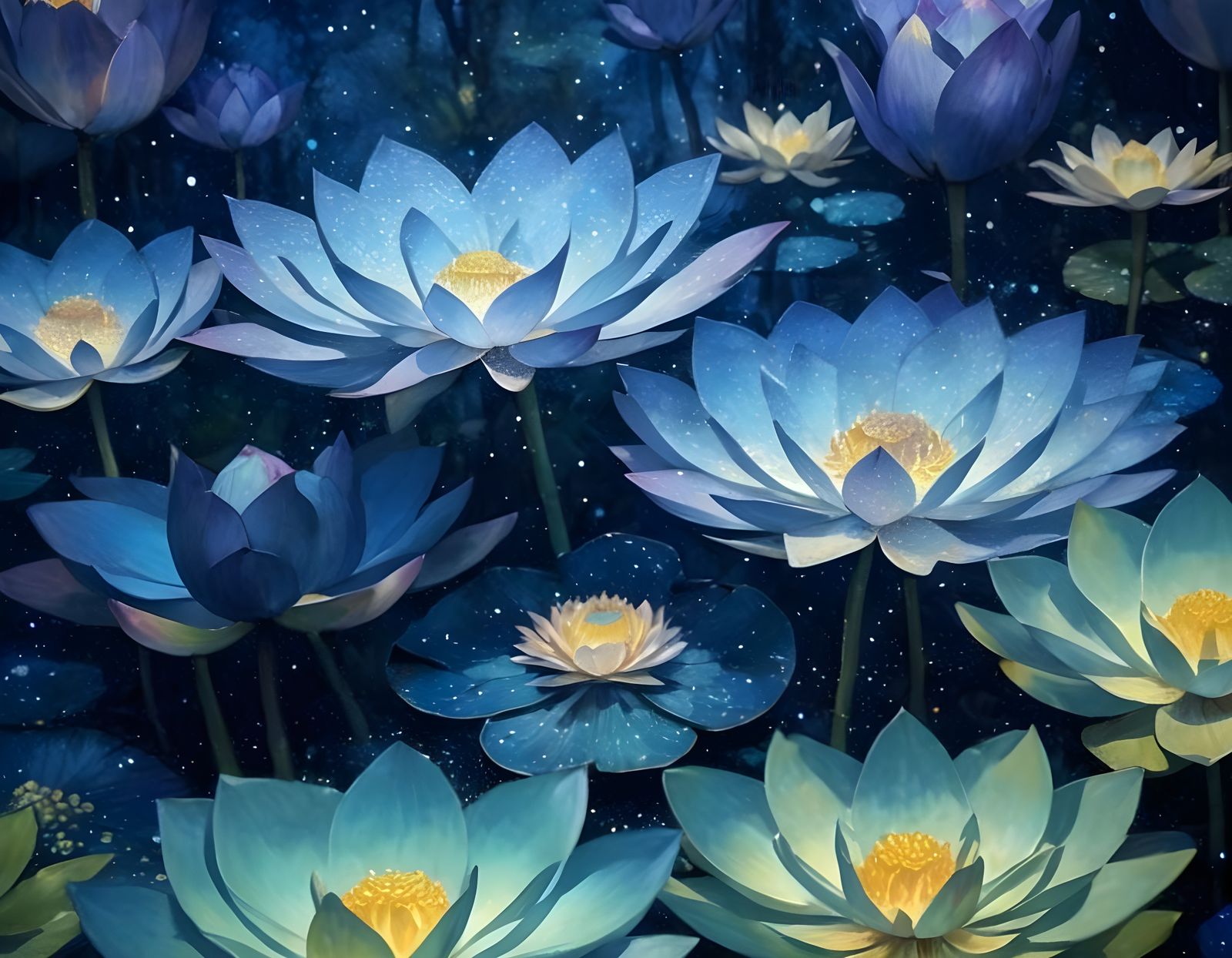 Pointillist Lotus Blossoms on a Fall Pond