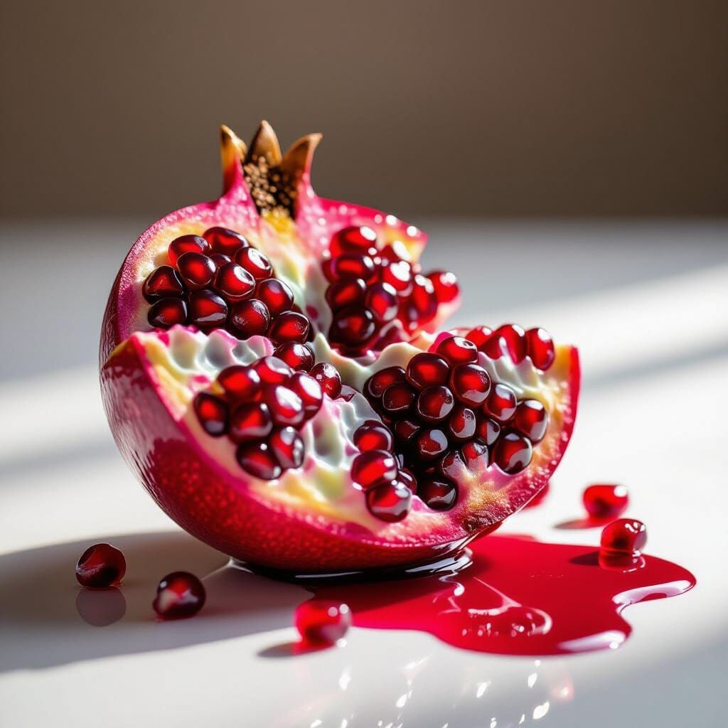 Juicy Pomegranate Cut Open on White Surface